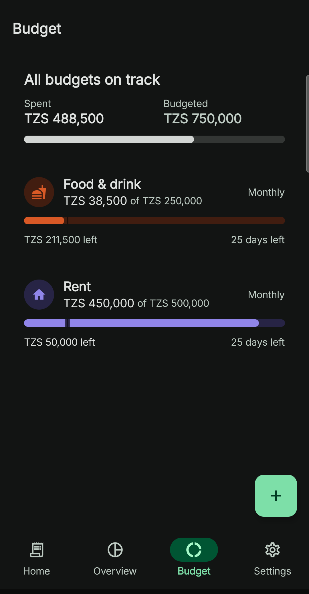 Two monthly budgets showing how much has been spent and how much is left